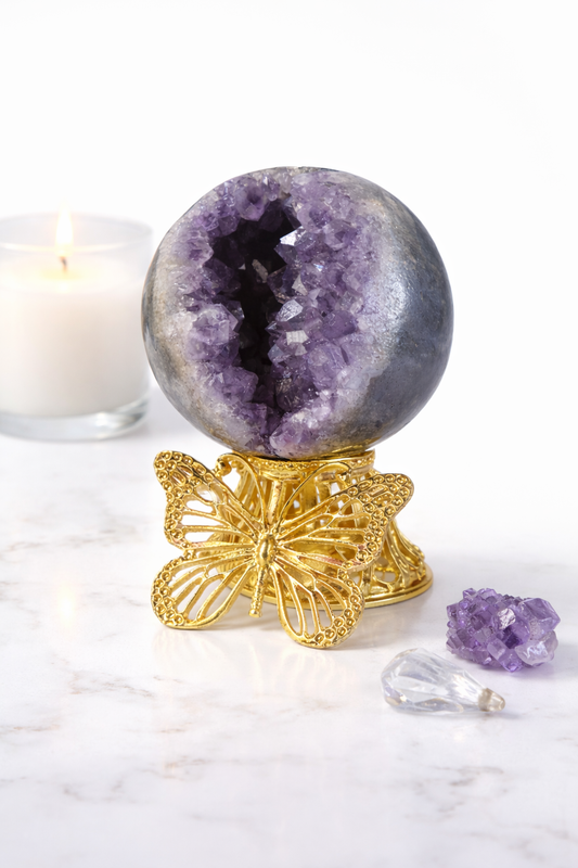 Sphère améthyste et son socle papillon